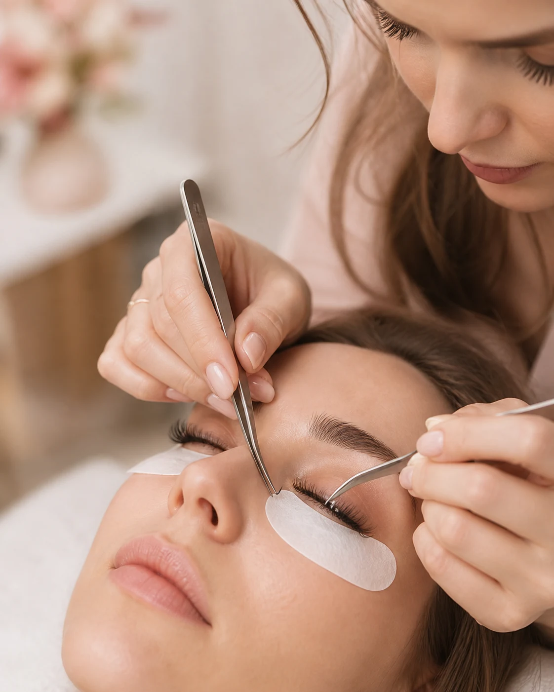 Ausbilderin demonstriert eine Wimpernverlängerung an einem Modell