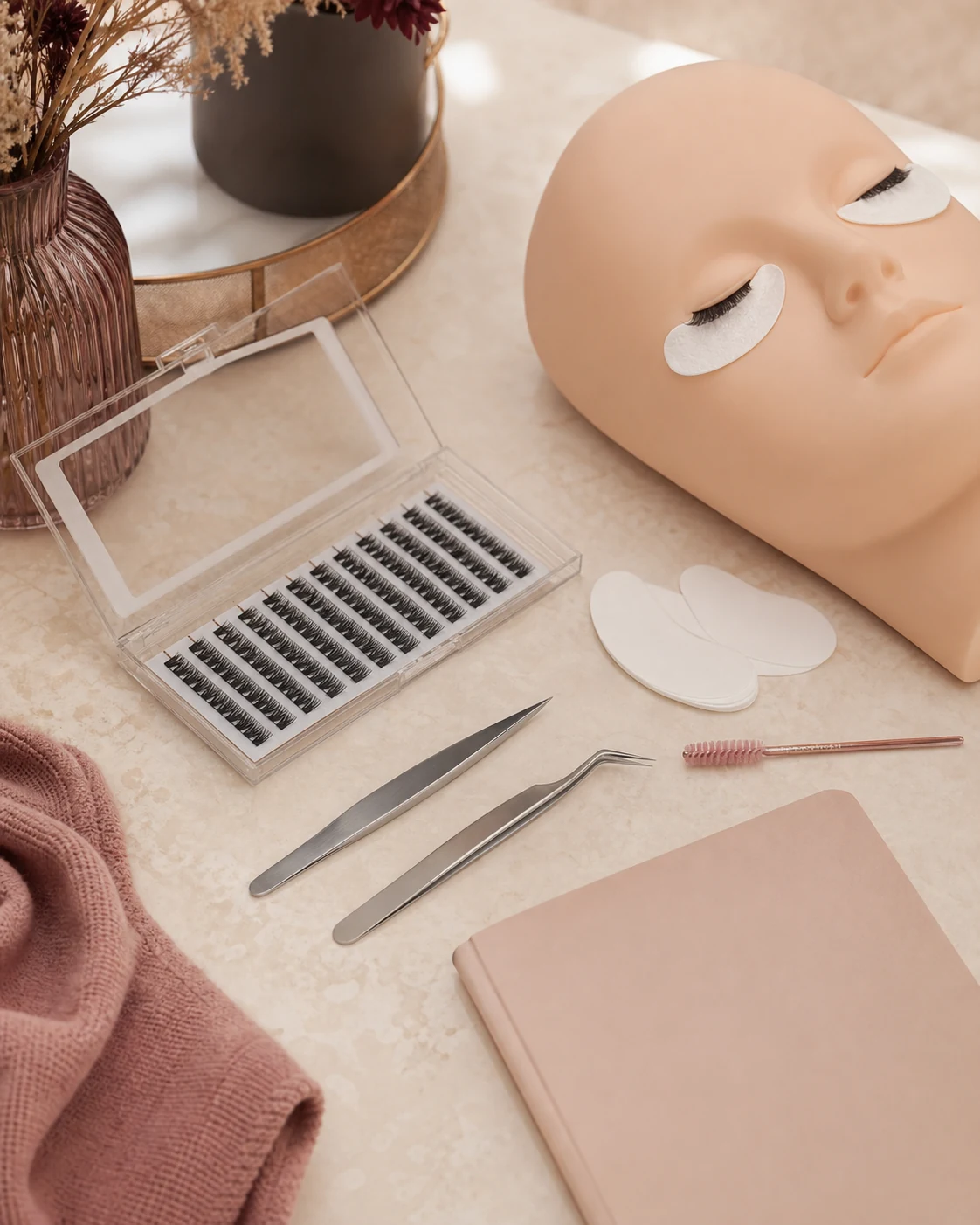 Professionell vorbereiteter Arbeitsplatz für eine Wimpernausbildung