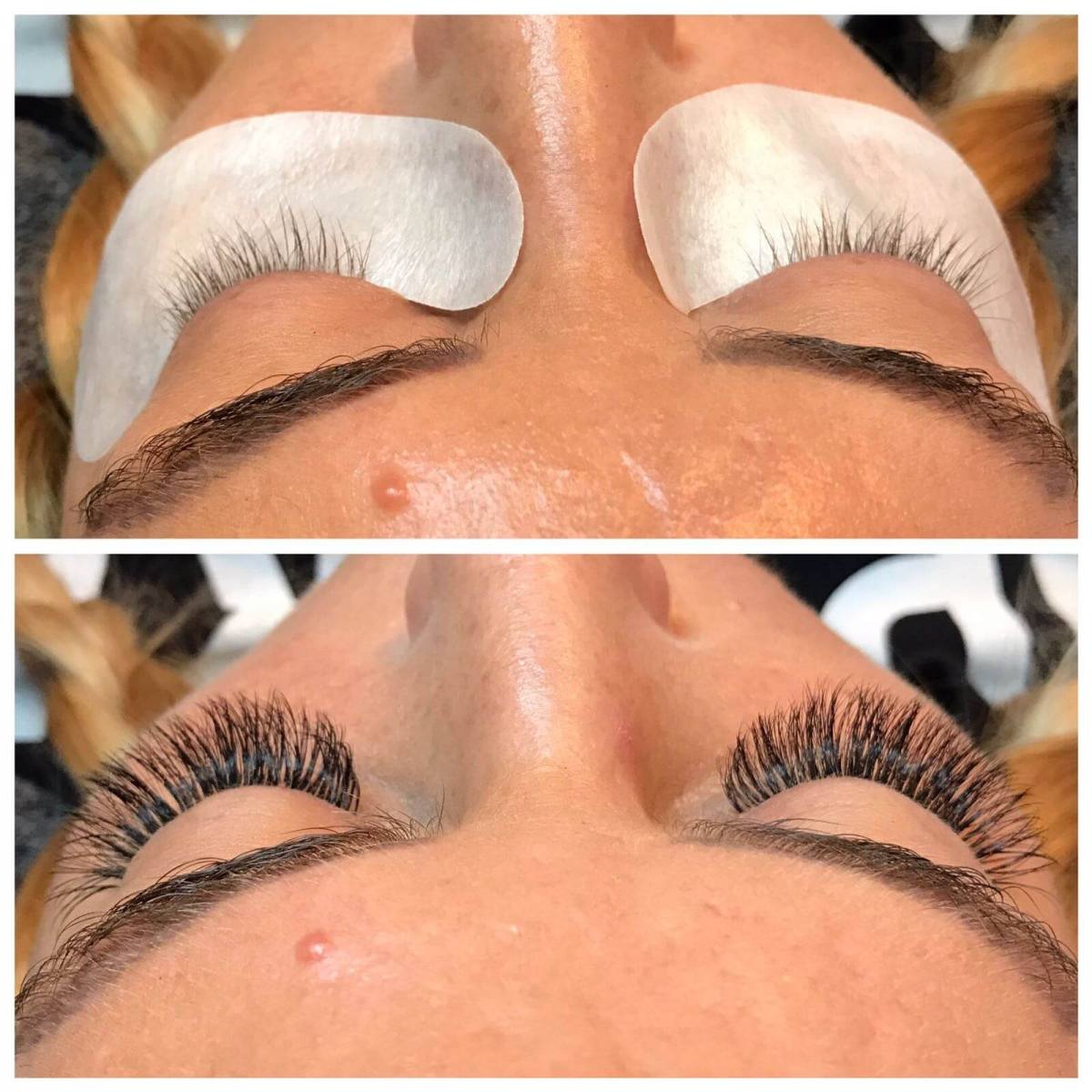 Wimpernverlängerung vor und nach der Behandlung