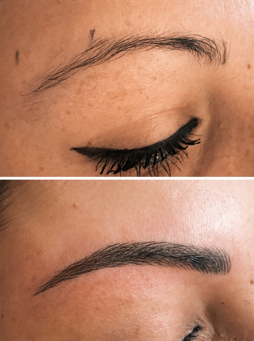 Microblading einer Augenbraue vor und nach der Behandlung